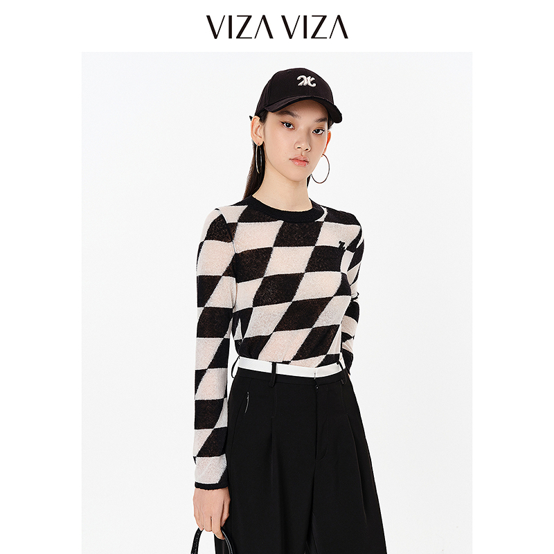 13389506.VIZA VIZA 菱形格长袖套头毛针织衫