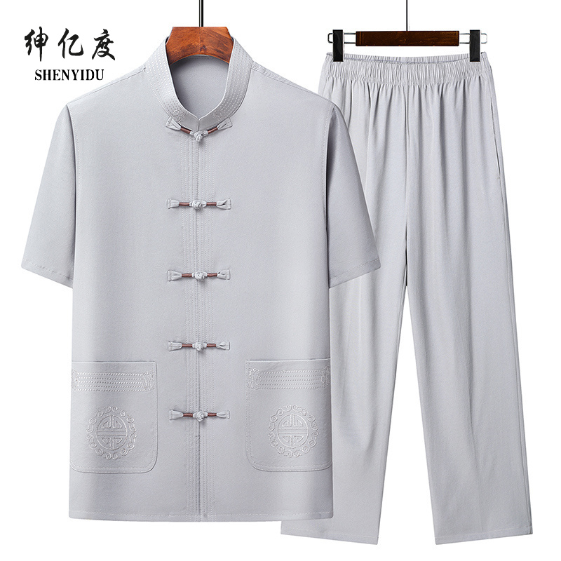 13389467.26年夏季新款爸爸装中国风短袖衬衫男士套装中老年绣花唐装裤子