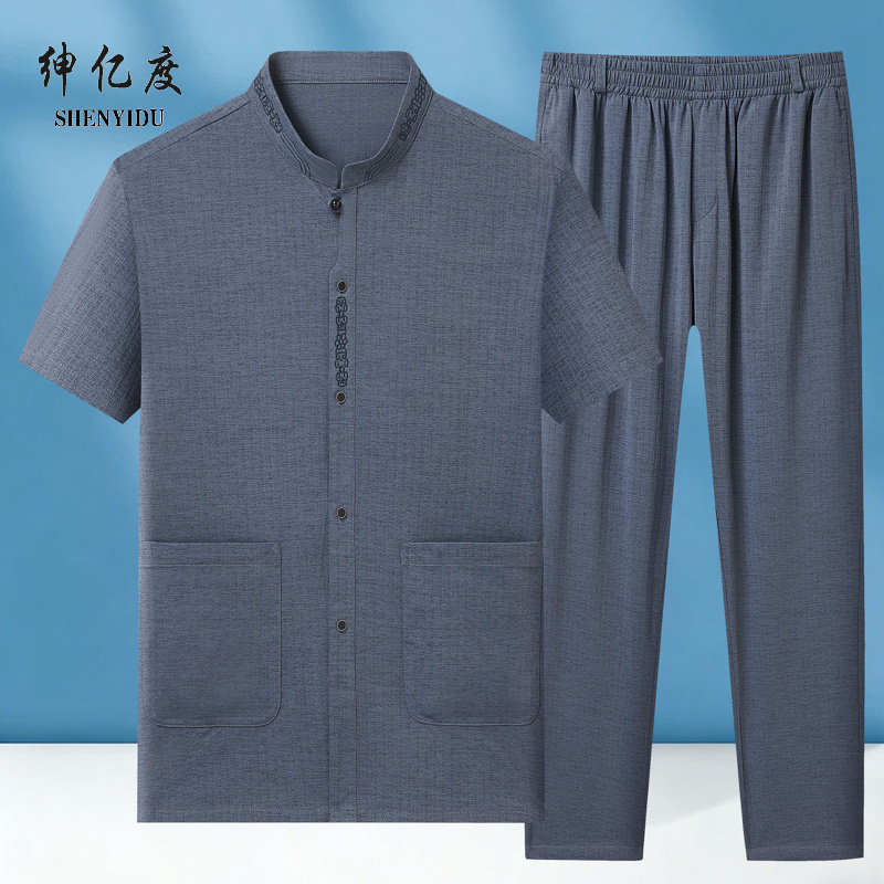 13389479.中老年男士短袖套装夏季薄款宽松立领爸爸装透气休闲两件套