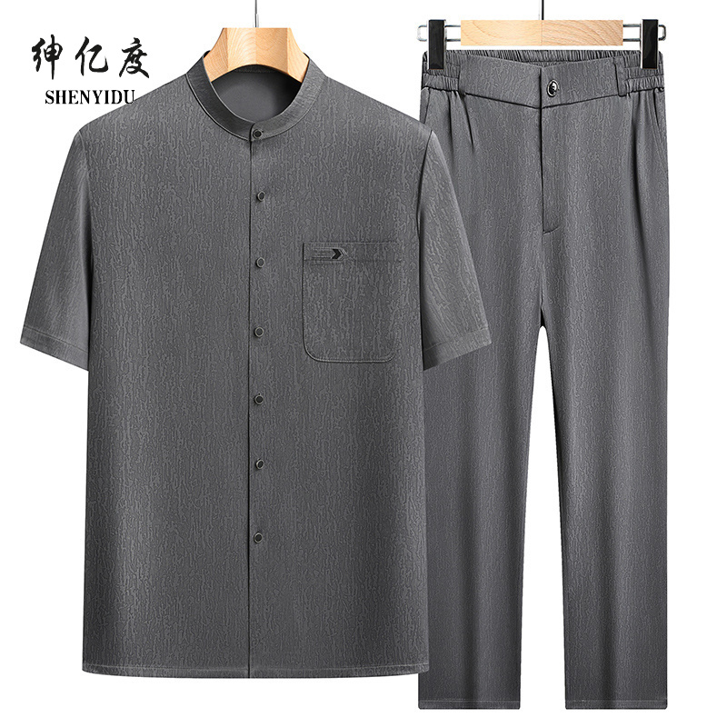 13389012.新款中老年夏季唐装男立领衬衫短袖爸爸套装