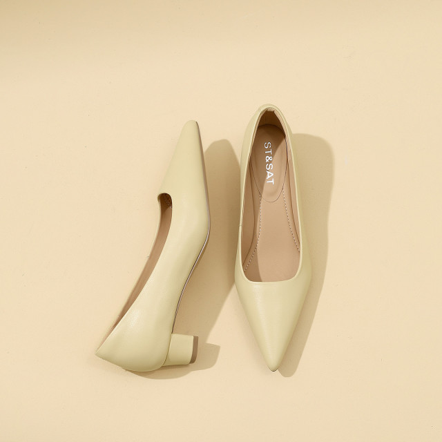 13394081.星期六尖头女单鞋一脚蹬商务通勤女鞋气质中跟女款皮鞋简约百搭