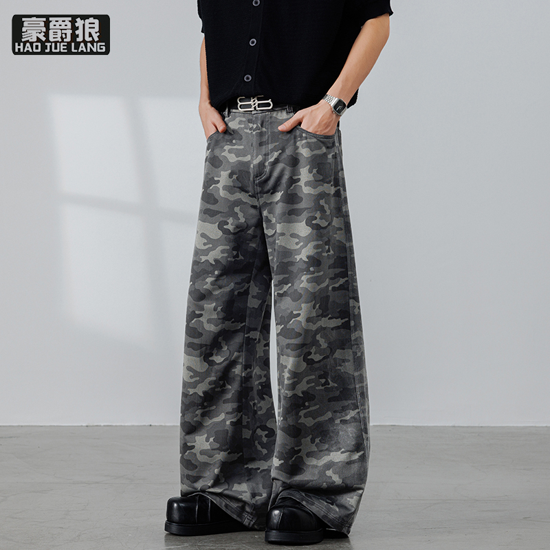 13405658.迷彩弯刀裤男春夏季新款潮牌宽松直筒裤子美式风阔腿休闲长裤男