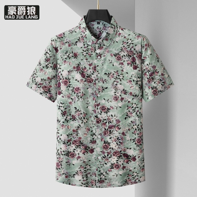 13405633.【大码男装】加肥加大码夏季碎花短袖衬衫胖佬时尚休闲纯棉透气衬衣
