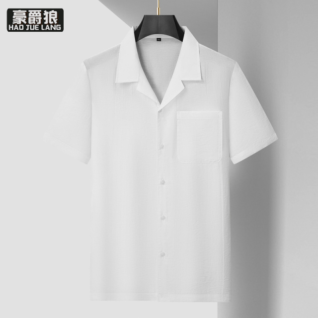 13405584.【大码男装】加肥舒柔痞帅古巴领短袖衬衫胖子男士夏季薄款休闲衬衣