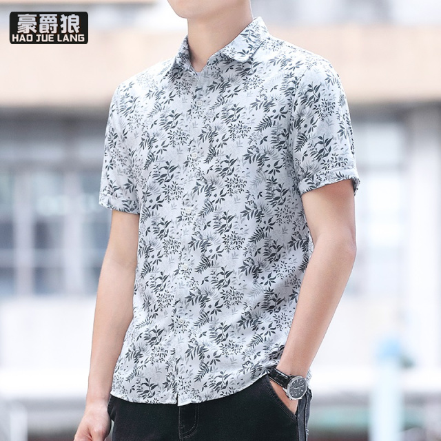 13405590.夏季潮流男装衬衫印花韩版痞帅短袖男士衬衫修身薄款外套寸衫
