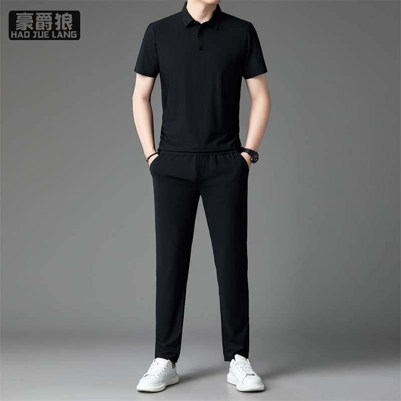 13405555.夏季新款中青年男士休闲套装翻领短袖薄款运动装两件套