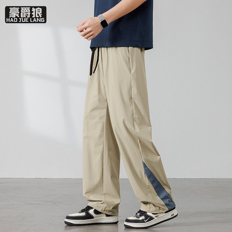 13405582.冰丝撞色休闲裤男春夏季宽松直筒裤子新款薄款美式垂感阔腿裤