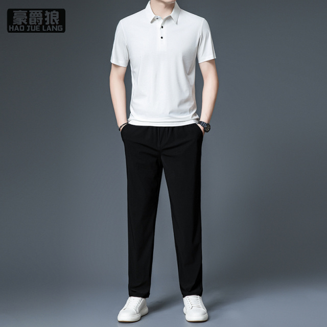 13405555.夏季新款中青年男士休闲套装翻领短袖薄款运动装两件套