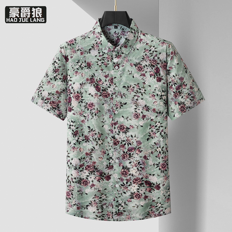 13405633.【大码男装】加肥加大码夏季碎花短袖衬衫胖佬时尚休闲纯棉透气衬衣