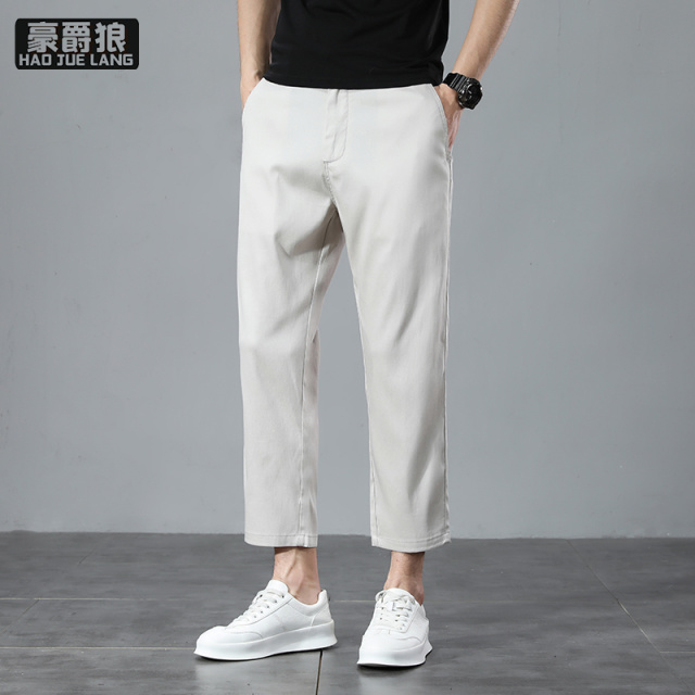 13405580.矮个子莱赛尔直筒休闲裤男士八分裤免剪裤脚宽松薄款透气天丝男裤