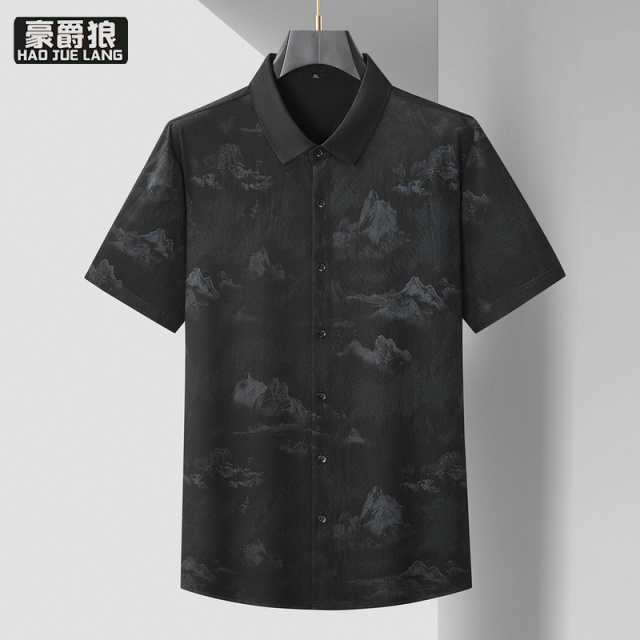 13405576.【大码男装】加肥加大码男士厚款短袖衬衫胖子山水印花宽松半袖衬衣
