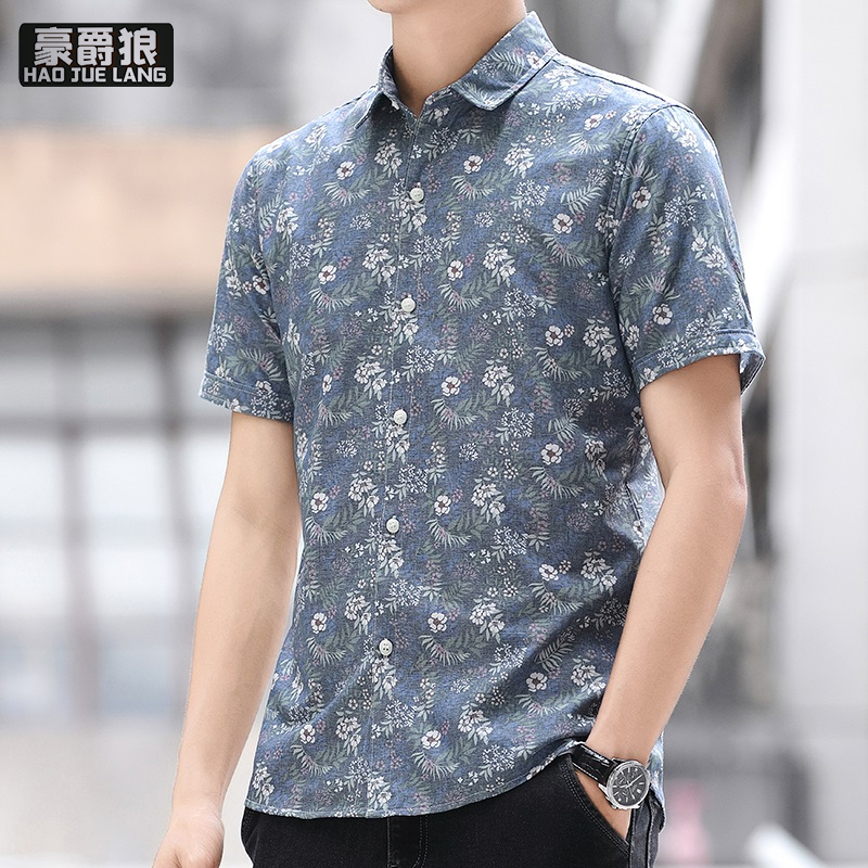 13405590.夏季潮流男装衬衫印花韩版痞帅短袖男士衬衫修身薄款外套寸衫