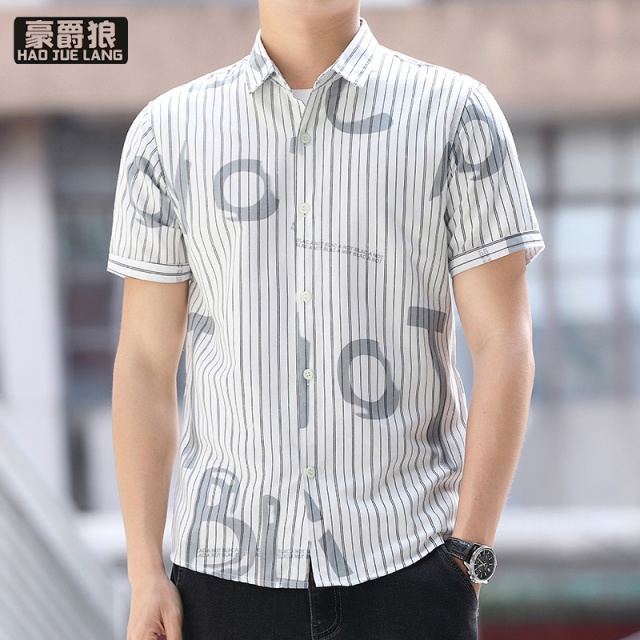 13405628.短袖衬衫男士夏季薄款字母印花半袖衬衣青少年休闲帅气上衣服