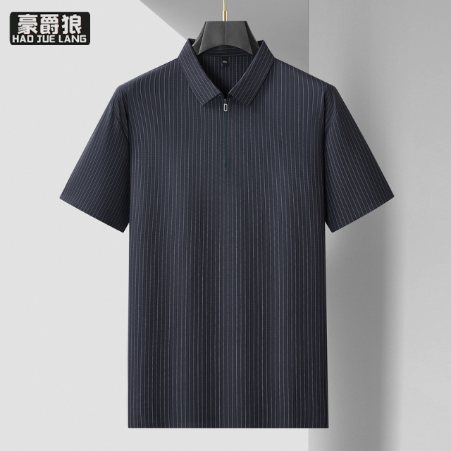 13405614.【大码男装】加肥撞色条纹半拉链Polo衫男短袖百搭翻领潮夏季T恤