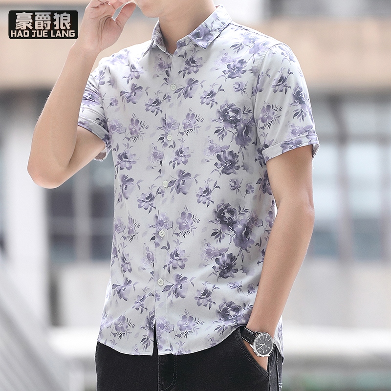 13405574.国潮个性小碎花衬衫男夏季短袖痞帅休闲韩版修身半袖衬衣透气寸衫