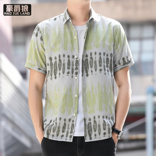 13405630.短袖衬衫新款夏季男士青年薄款修身半袖休闲衬衣条纹潮流上衣