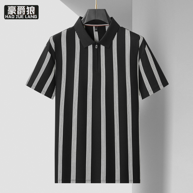 13405606.【大码男装】加大码撞色条纹半拉链Polo衫男短袖高级感翻领潮胖子