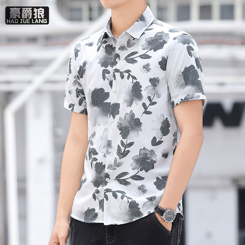 13405575.夏季新款男士复古风扎染花翻领长袖衬衫修身休闲潮流上衣短袖