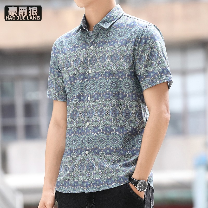 13405589.冰丝短袖衬衫男夏季痞帅印花衬衣服男潮牌青少年凉感透气休闲上衣