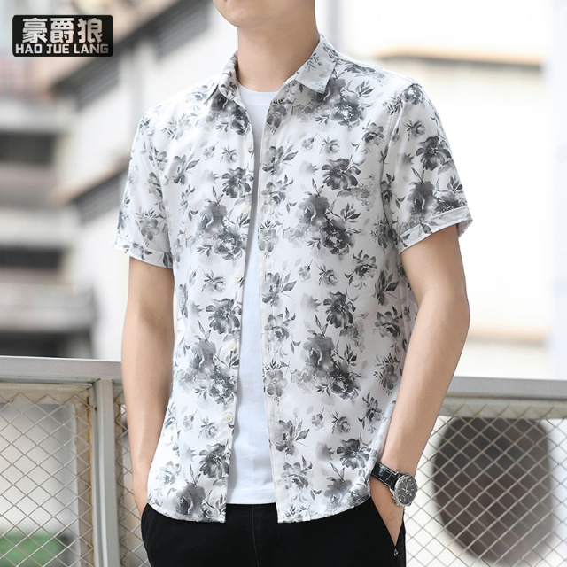13405574.国潮个性小碎花衬衫男夏季短袖痞帅休闲韩版修身半袖衬衣透气寸衫