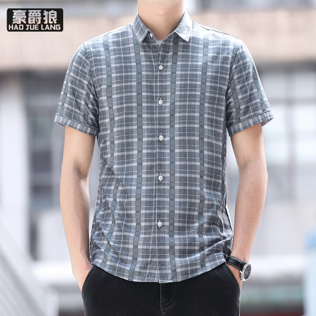 13405572.格子衬衫男士短袖夏季商务休闲百搭衬衣时尚帅气冰丝薄款半袖寸衫