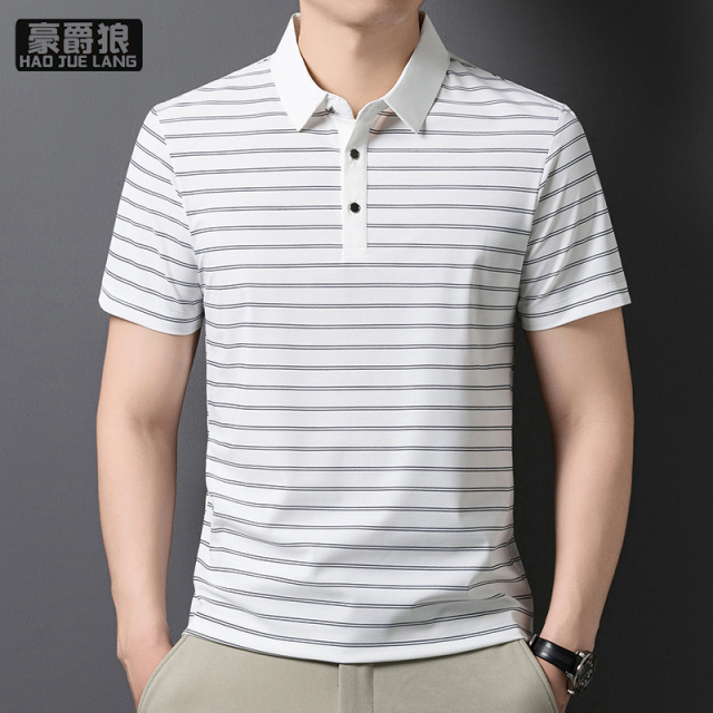 13405618.男士短袖POLO衫夏季锦纶冰丝t恤凉感汗衫高弹条纹休闲T恤