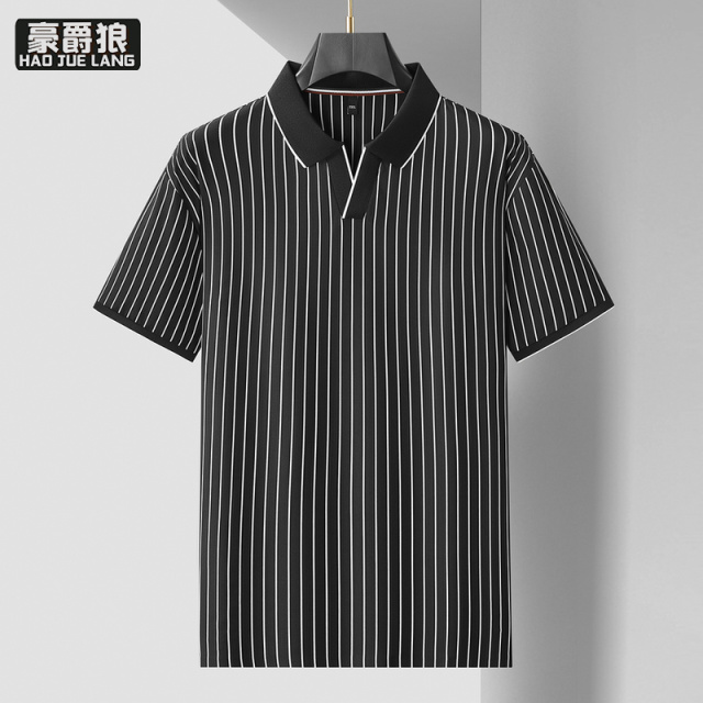 13405616.【大码男装】大码条纹短袖polo衫男胖子宽松v领上衣时尚T恤衬衫