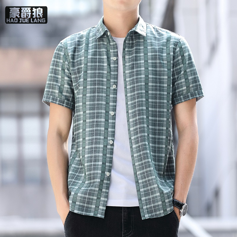13405572.格子衬衫男士短袖夏季商务休闲百搭衬衣时尚帅气冰丝薄款半袖寸衫
