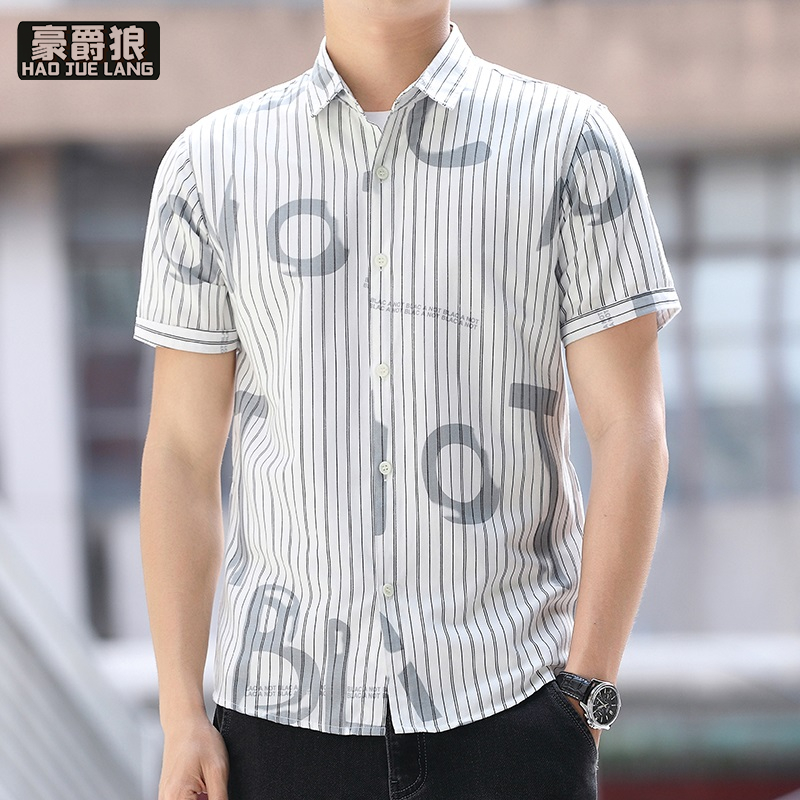 13405628.短袖衬衫男士夏季薄款字母印花半袖衬衣青少年休闲帅气上衣服