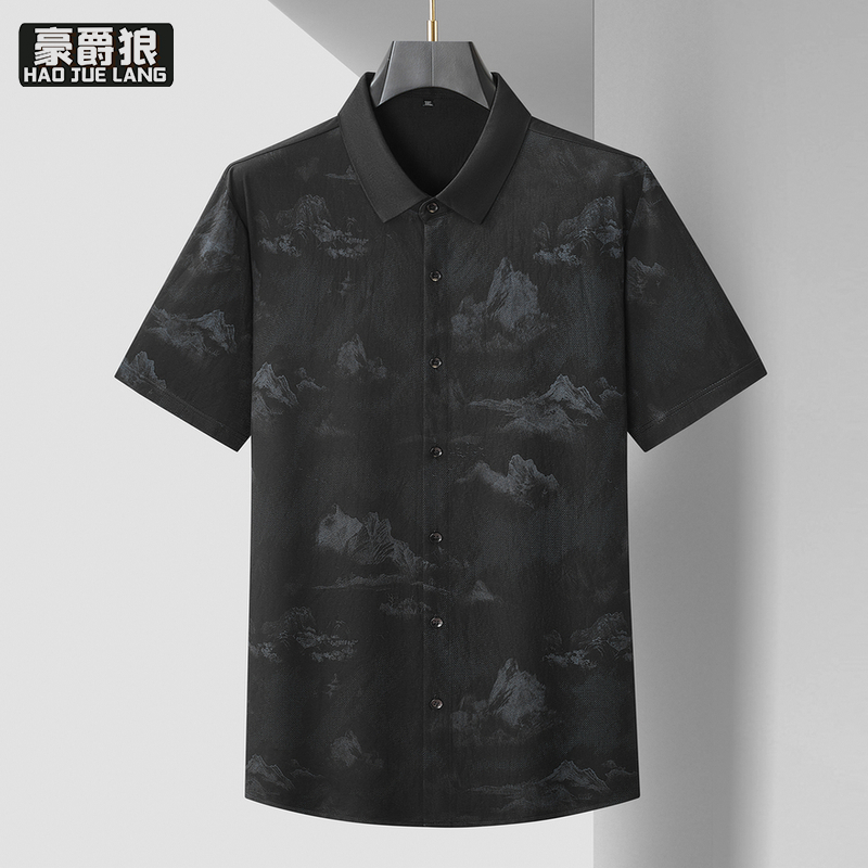 13405576.【大码男装】加肥加大码男士厚款短袖衬衫胖子山水印花宽松半袖衬衣