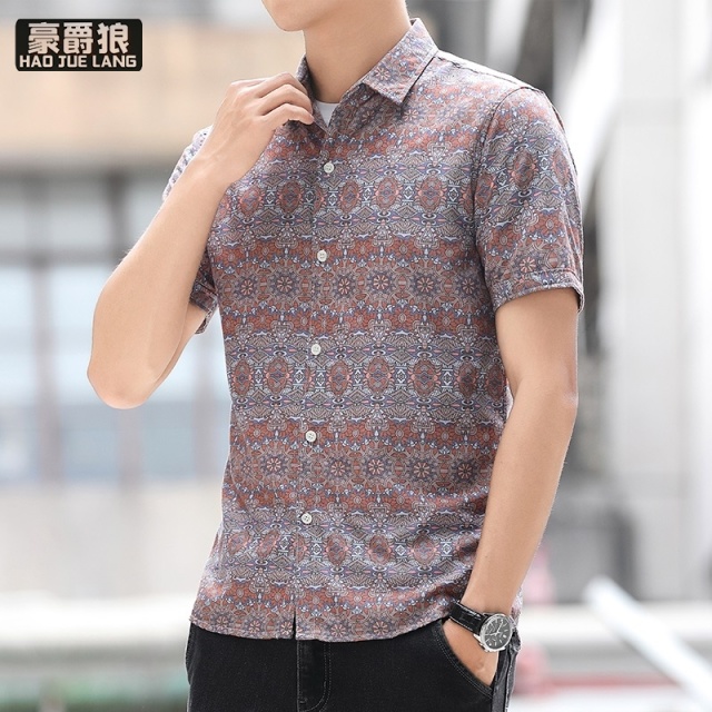 13405589.冰丝短袖衬衫男夏季痞帅印花衬衣服男潮牌青少年凉感透气休闲上衣