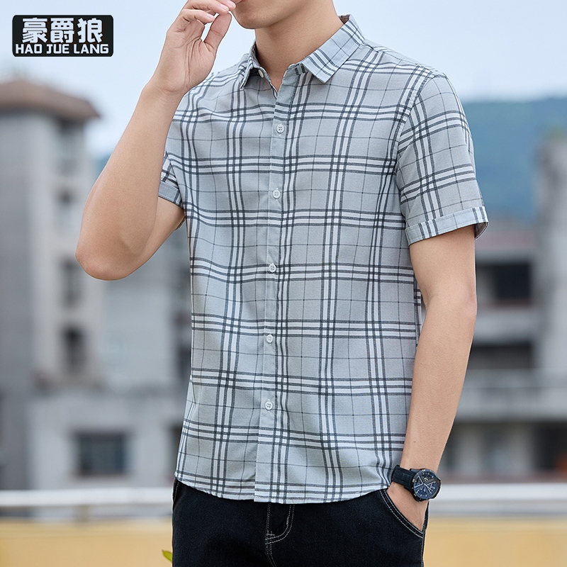 13405571.格子短袖衬衫男士舒适夏季新款潮流时尚修身休闲百搭免烫衬衣男装