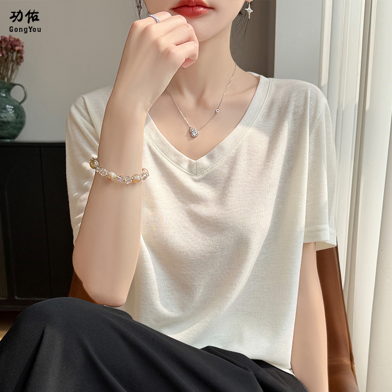 13397022.【功佑】纯色V领针织短袖
