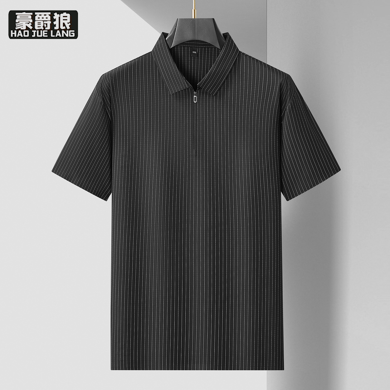 13405614.【大码男装】加肥撞色条纹半拉链Polo衫男短袖百搭翻领潮夏季T恤