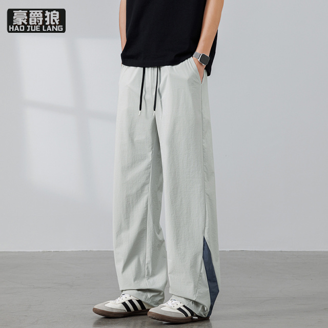 13405582.冰丝撞色休闲裤男春夏季宽松直筒裤子新款薄款美式垂感阔腿裤
