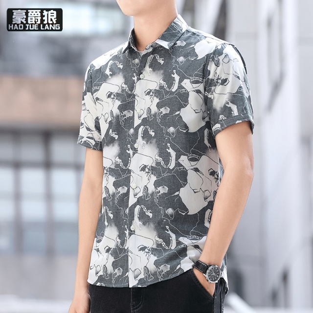 13405588.印花衬衣夏季男士短袖衬衫韩版个性潮流修身薄款凉爽半袖寸衫休闲