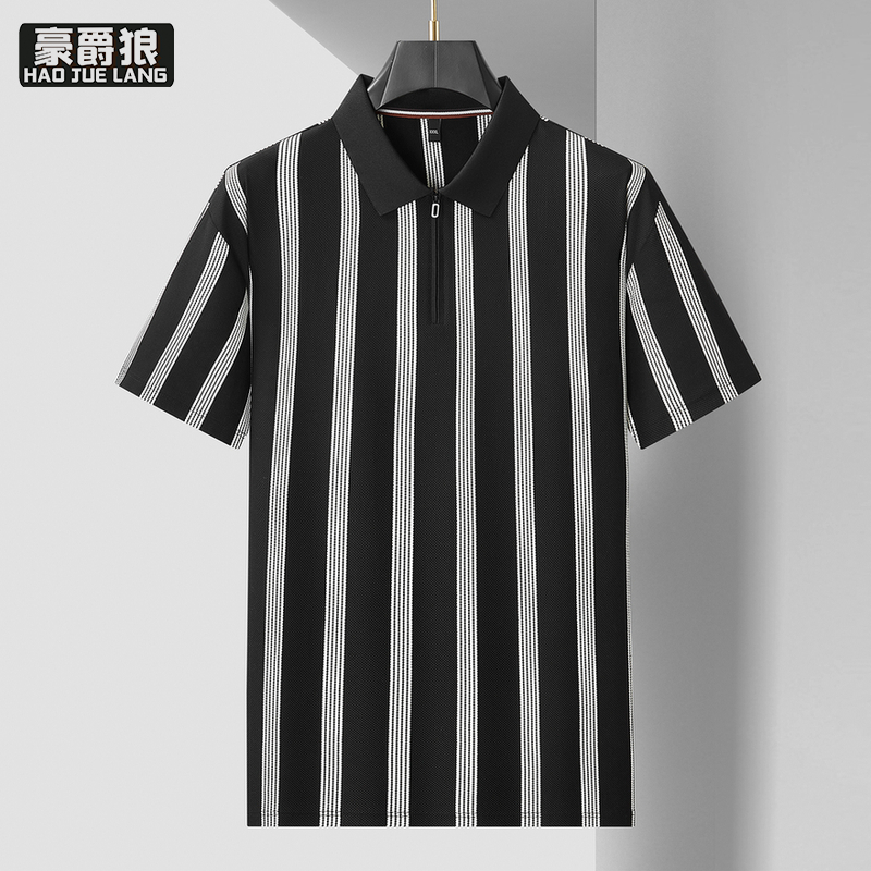 13405606.【大码男装】加大码撞色条纹半拉链Polo衫男短袖高级感翻领潮胖子
