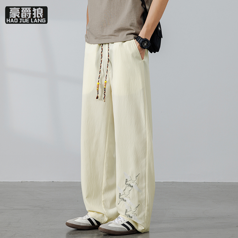 13405559.夏季新款薄款冰丝感阔腿裤男宽松直筒休闲长裤中国风刺绣裤子