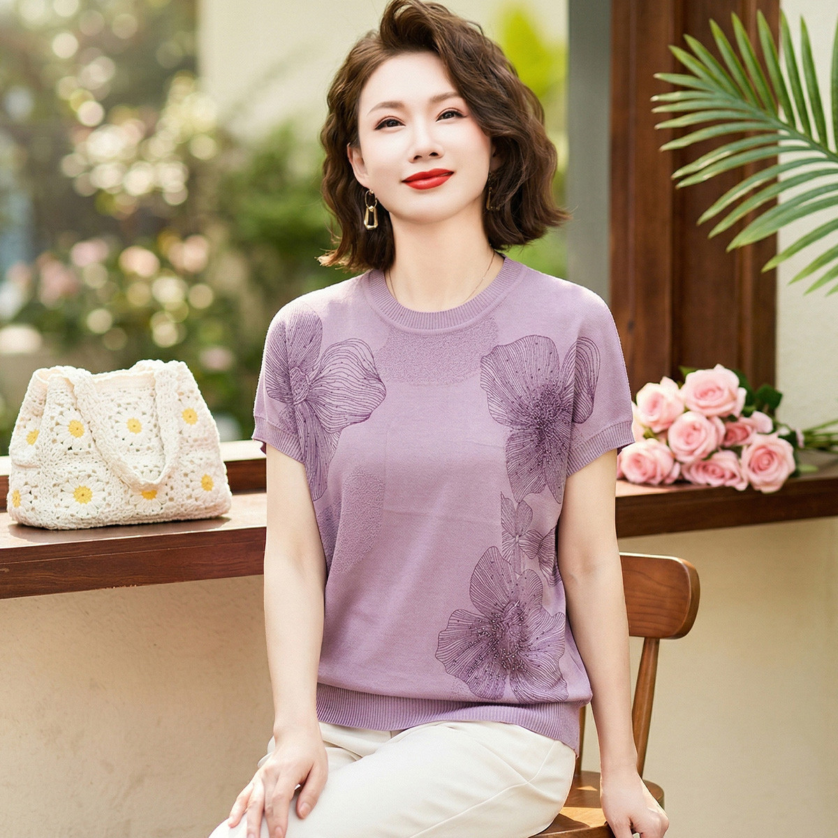 13408015.妈妈装针织衫夏季短袖套头圆领春夏百搭中老年女式夏装上衣