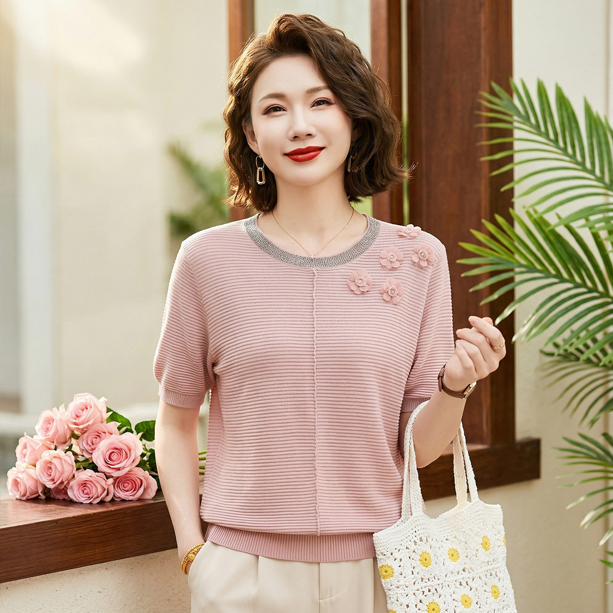 13408031.妈妈装夏季短袖圆领套头针织衫中老年女式百搭减龄夏装上衣