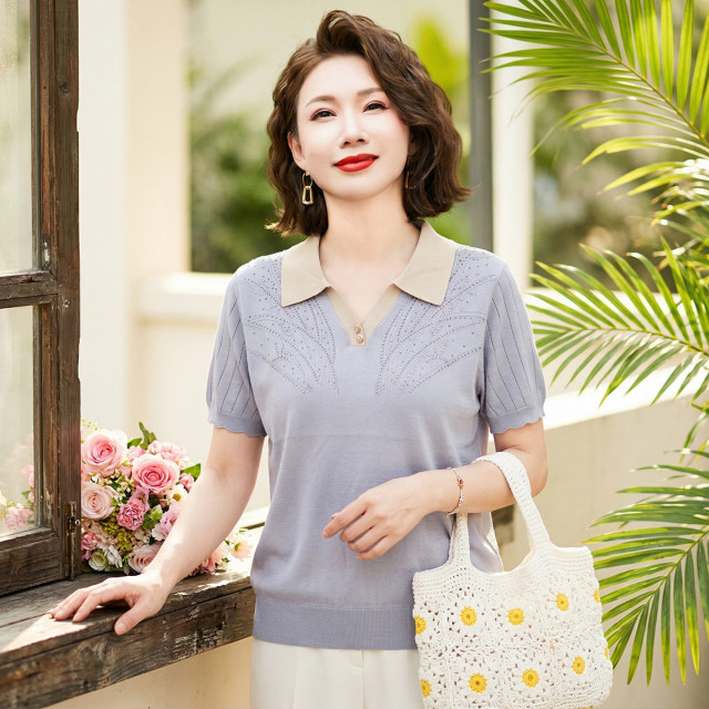 13408019.妈妈装短袖针织衫夏季百搭套头翻领春夏中老年女式夏装上衣