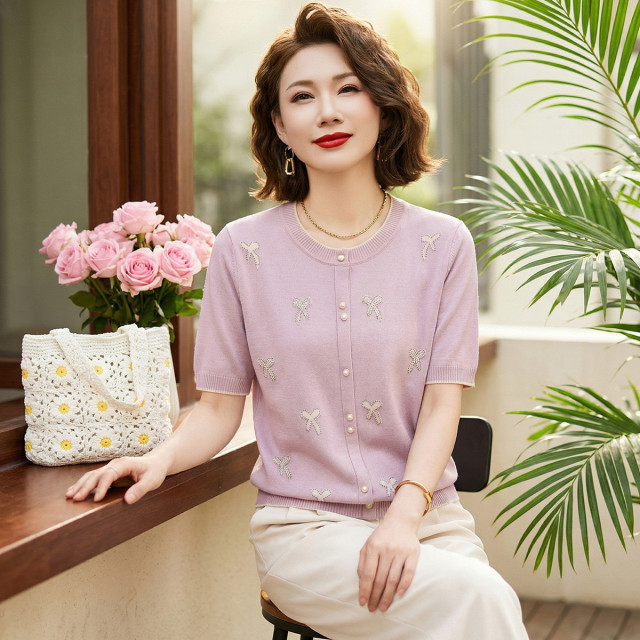 13408058.妈妈装女式针织衫夏季圆领套头短袖T恤春夏中老年女式夏装上衣