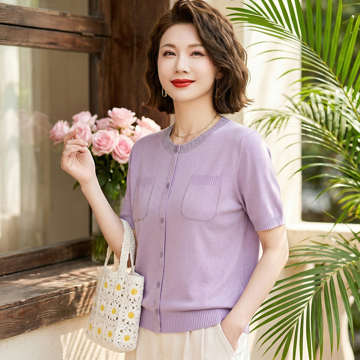 13410513.妈妈装针织衫夏季百搭短袖圆领套头春夏中老年女式夏装上衣
