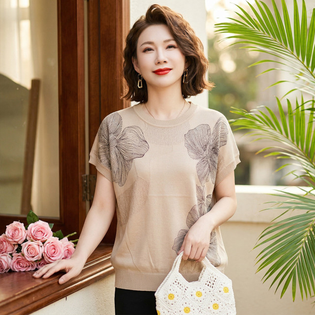 13408015.妈妈装针织衫夏季短袖套头圆领春夏百搭中老年女式夏装上衣