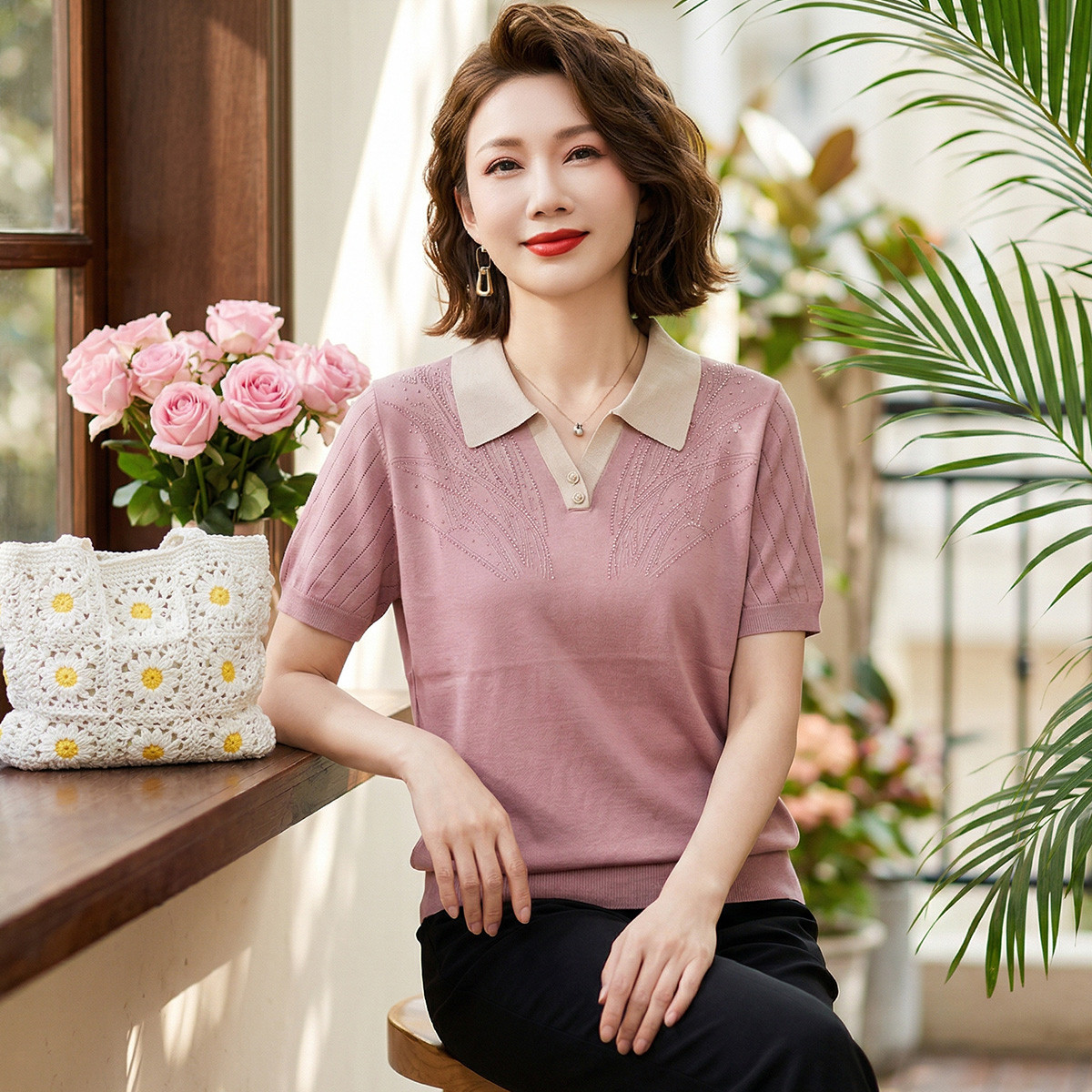 13408019.妈妈装短袖针织衫夏季百搭套头翻领春夏中老年女式夏装上衣
