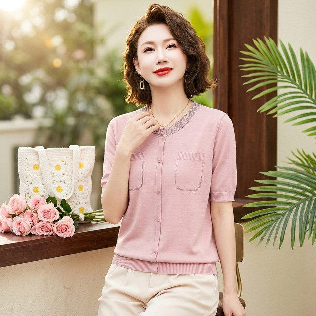 13410513.妈妈装针织衫夏季百搭短袖圆领套头春夏中老年女式夏装上衣