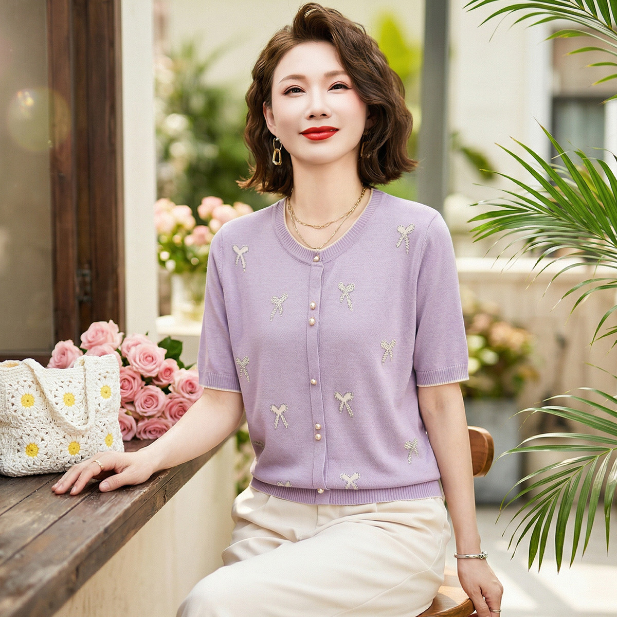 13408058.妈妈装女式针织衫夏季圆领套头短袖T恤春夏中老年女式夏装上衣