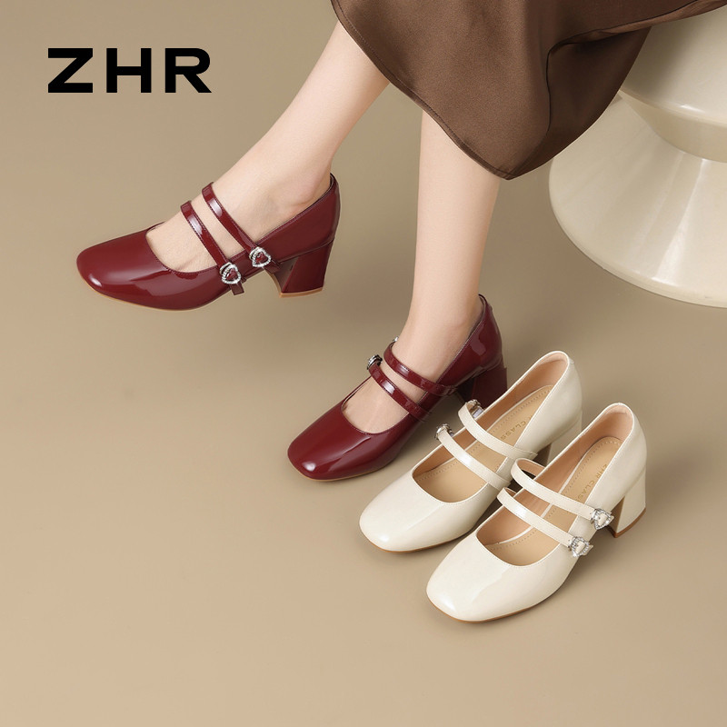 13628320.【ZHR则则】粗跟玛丽珍鞋方头双搭扣粗跟女鞋[羊皮软垫]