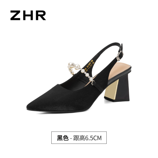 13680139.【ZHR则则】后空凉鞋尖头搭扣粗跟女鞋[沙丁布]