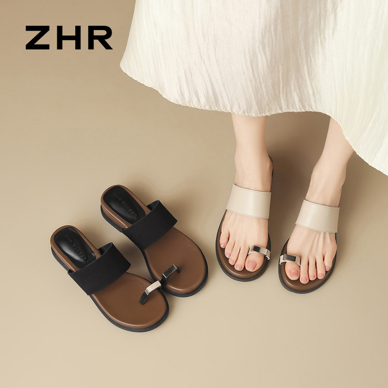 13411321.【ZHR则则】厚底拖鞋夹趾套脚厚底女鞋[米色：PU；黑色：假反绒]
